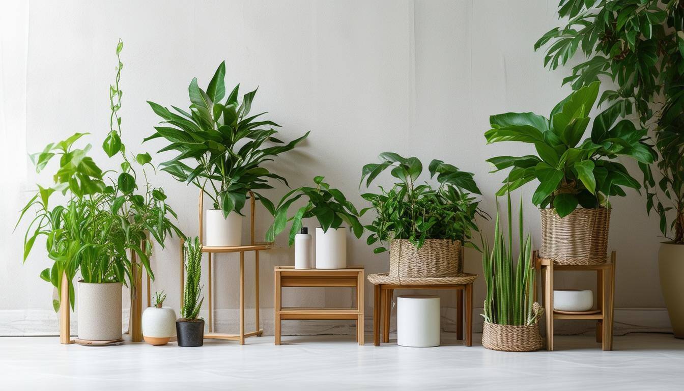 Potted houseplants arranged on wooden stands in a bright room