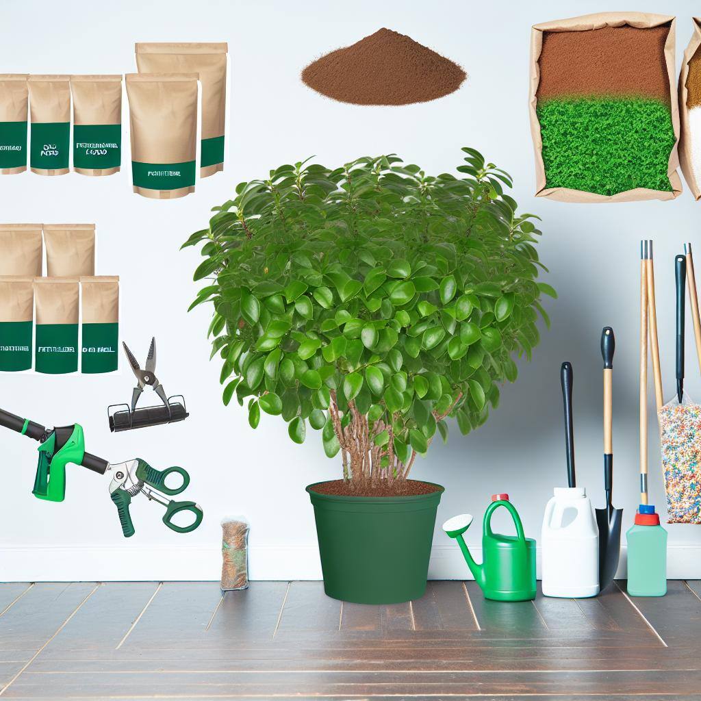 A lush indoor plant with vibrant green leaves and healthy growth, surrounded by various fertilization products and tools.