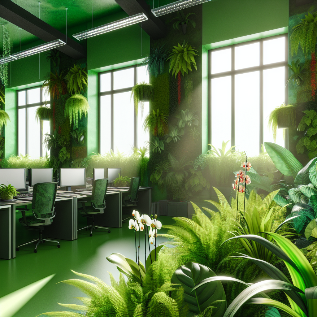 A lush green office space with thriving indoor plants cared for by Zen Plant Care