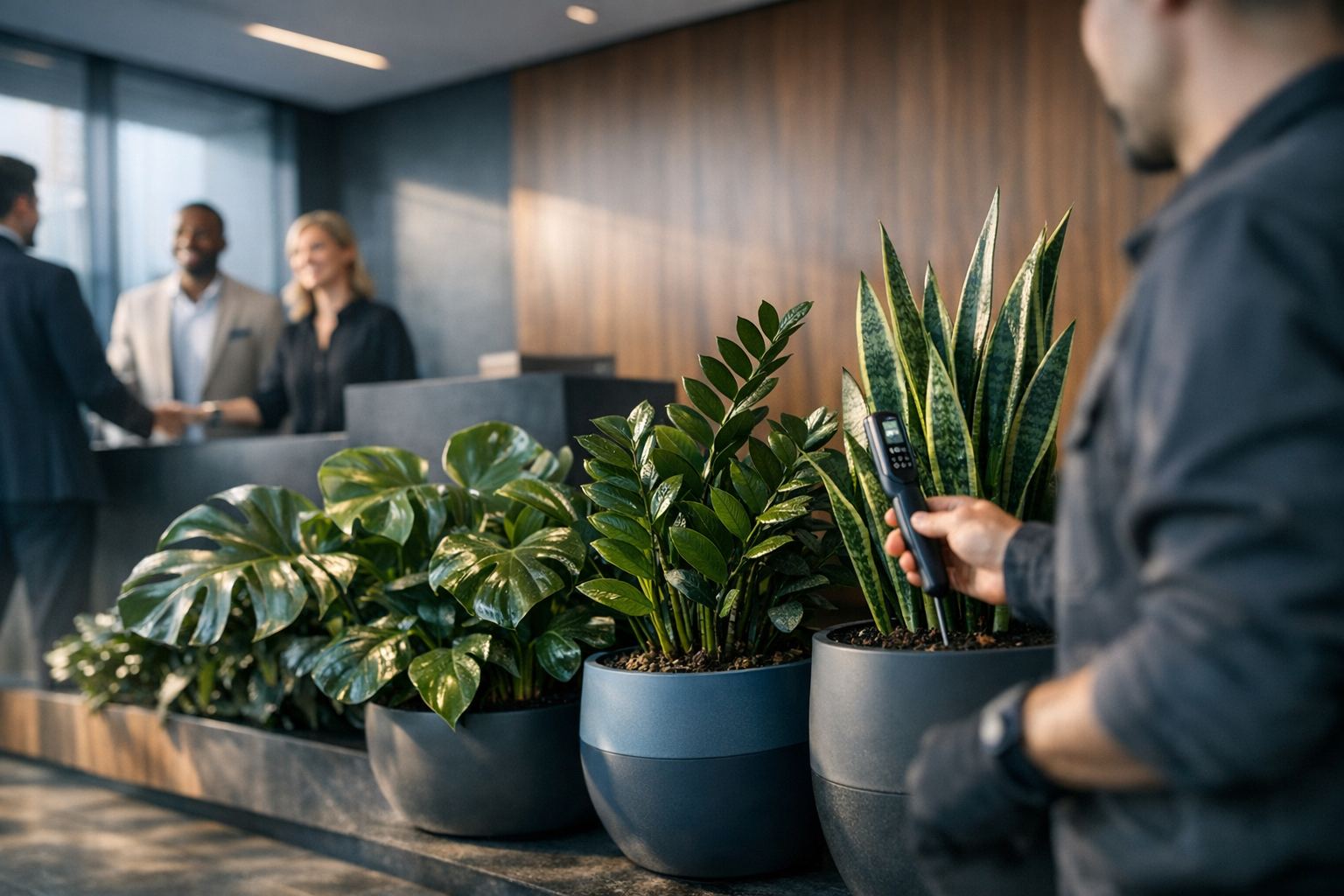 Here’s a cinematic premium office reception scene with lush plant rentals, a discreet plant-care specialist, and welcoming professionals in a polished